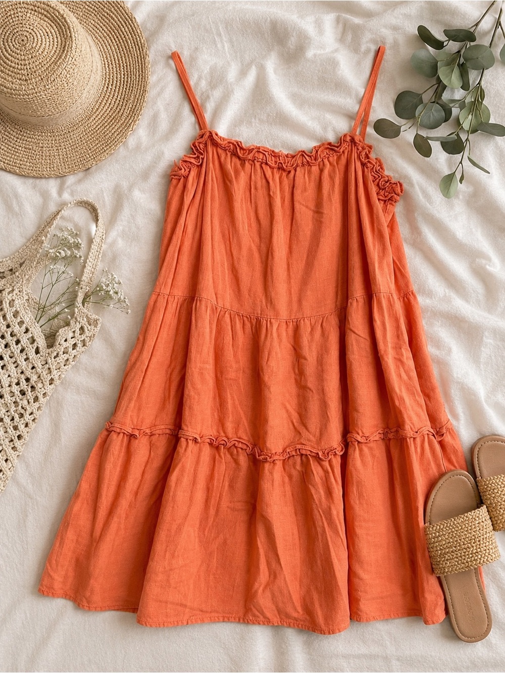 ANA A New Approach Coral Linen Blend Tiered Babydoll Tank Dress Size Large
